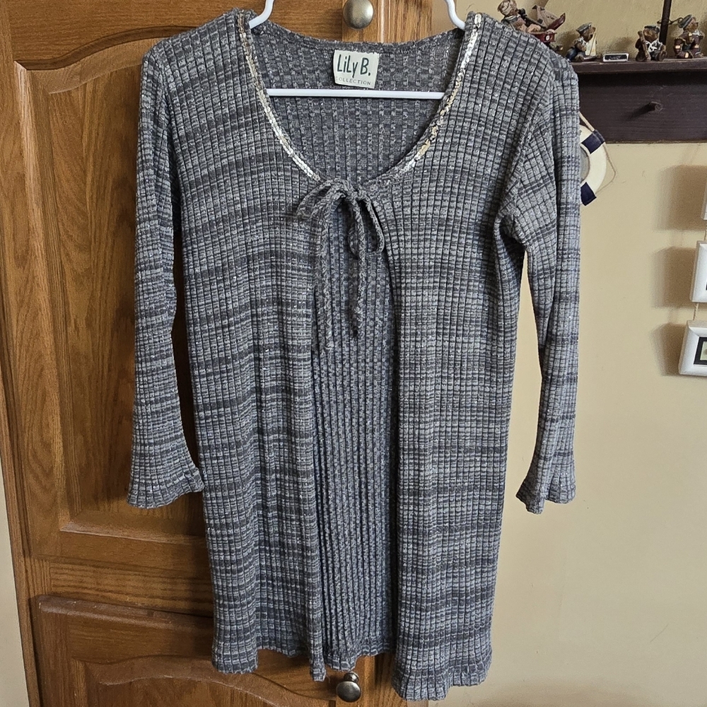 Lily B. Gray Knit Cardigan With Metallic Sequins & Threads Thoughout